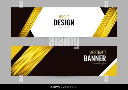 Bannière lumineuse avec bandes dorées sur fond sombre. Définissez des bannières horizontales avec un emplacement vide pour le texte. Arrière-plan vectoriel abstrait. Modèles pour votre Illustration de Vecteur