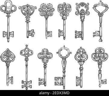 Icônes d'esquisse des touches vintage. Ensemble vectoriel anciennes forges en laiton ou en bronze métal serrures clés de château royal antique ou médiéval ou portes de forteresse avec Illustration de Vecteur