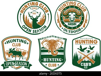 Badges de club de chasse ou de chasseur avec des symboles d'animaux sauvages, de boeuf musqué et de cerf, d'oiseaux de canard, de wapiti et d'éléphant d'afrique. Chasse sport vecteur icônes des armes à feu et Illustration de Vecteur