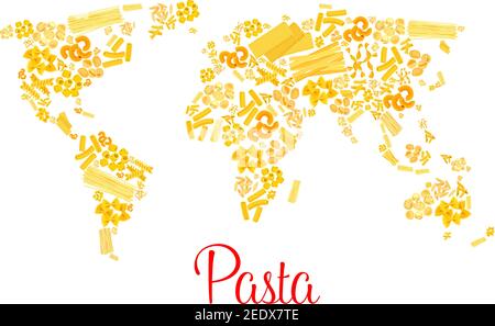 Pâtes italiennes conçues sur la carte du monde. Macaroni traditionnel et nageoires spaghetti de continents. Vector Italie cuisine pappardelle, penne et lasagne, t Illustration de Vecteur