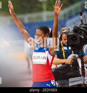 Omara Duran, de Cuba, remporte le record mondial de 100 m T12 féminin avec 11.65. La journée de l'Athlétisme des Jeux Parapan am a été marquée b Banque D'Images