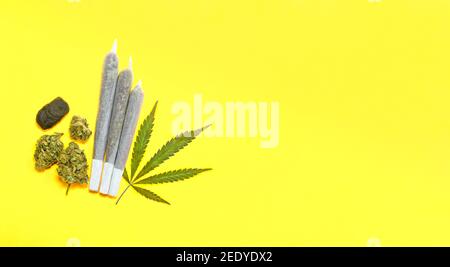 Différentes préparations de marijuana: Bourgeons de cannabis et haschisch. Les types de cannabis, les articulations et la feuille de marijuana sur fond jaune avec l'espace de copie droit Banque D'Images
