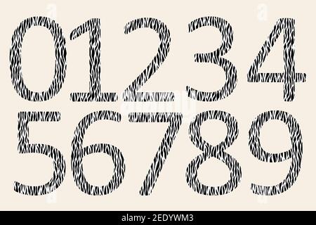 Chiffres décoratifs noirs et blancs avec décoration d'animal. Peau de zèbre. Lignes courbes texturées avec aspect d'impression. Kit de lettrage mode pour Illustration de Vecteur