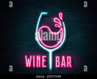 Panneau rétro en verre de vin au néon sur le fond du mur Illustration de Vecteur