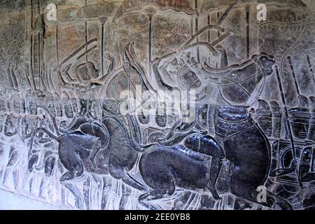 Décorations à l'intérieur du temple d'Angkor Wat, Cambodge Banque D'Images