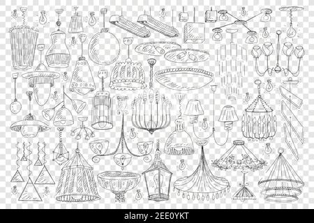 Lustres pour la décoration d'intérieur ensemble de doodle. Collection de lustres élégants dessinés à la main équipement de lumière pour la décoration maison de différentes tailles et formes isolées sur fond transparent Illustration de Vecteur