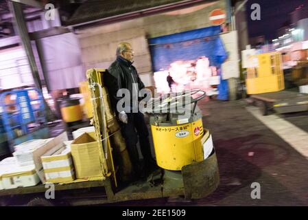 Tokyo, Japon - janvier 22 2016 : un homme conduisant le taretto, chariot de transport motorisé, à Tsukiji, le plus grand marché de poissons et de fruits de mer Banque D'Images