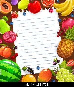 Modèle vectoriel de recette de repas de fruits ou de salade. Papaye, prune et citron, pomme, pamplemousse et banane, ananas, raisin et mangue, vect fraise Illustration de Vecteur