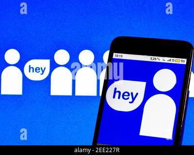 Ukraine. 15 février 2021. Dans cette illustration, un logo SpaceHey apparaît sur un smartphone. Credit: Igor Golovniov/SOPA Images/ZUMA Wire/Alamy Live News Banque D'Images