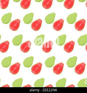 Motif diagonal sans couture avec fruits de goyave coupés en demi-rose avec des graines jaunes et tout le vert. Illustration du vecteur alimentaire nature. Textile biologique. Nourriture saine sur fond blanc. Illustration de Vecteur