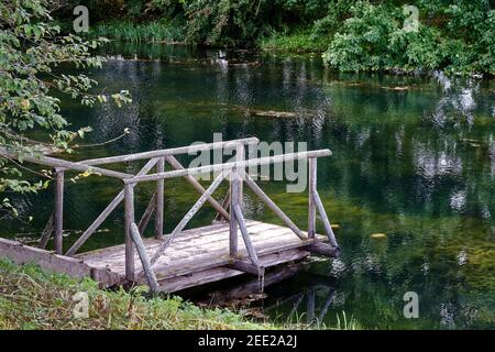 Ponts en bois sur la rive d'un petit étang envahi de limon dans le parc du domaine de Petrovskoye dans la région de Pskov. Banque D'Images