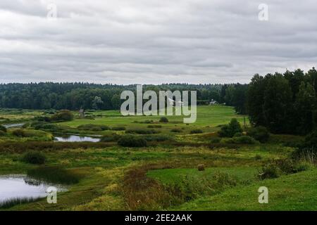 Paysage avec un ancien moulin, une rivière, un pré mown avec une vue sur le domaine Mikhaïlovskoye dans les montagnes Pouchkine. Banque D'Images