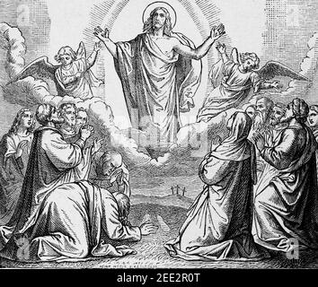 Promesse de l'Esprit Saint. Deuxième mission des Apôtres. Ascension de Jésus. Scène du Nouveau Testament Banque D'Images