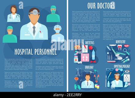 Personnel hospitalier. Brochure vectorielle pour l'urologie, la diététique santé, la dentisterie et l'ophtalmologie personnel médical et les médicaments des lunettes de vue, dent i Illustration de Vecteur