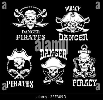 Jolly Roger Pirate vector icons sur fond de drapeau noir. Symboles de piraterie du squelette du crâne dans le chapeau de marin du capitaine tricorne ou tricorne et les os croisés Illustration de Vecteur