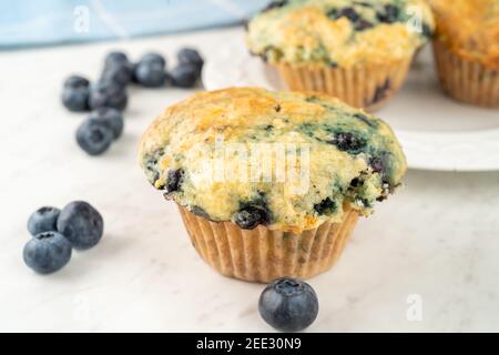 Muffins aux myrtilles maison fraîchement cuits dans la cuisine maison. Banque D'Images