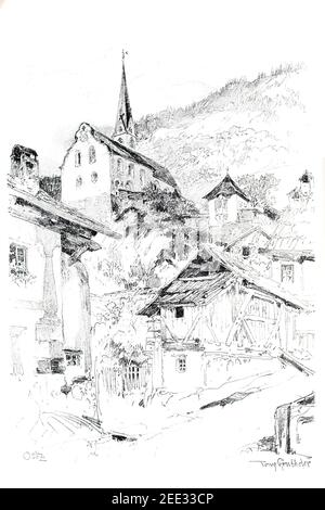 1897, Oetz, village du Tyrol du Sud avec église au-dessus des maisons, dessin au crayon par l'artiste d'Innsbruck, Tony Grubhofer, en 1899 le Studio an illustrez Banque D'Images