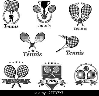 Les symboles vectoriels sont attribués aux championnats de tennis. Ensemble de badges pour tournoi de club de sport avec symboles de balle et de raquettes, ruban de couronne de laurel de victoire et wi Illustration de Vecteur