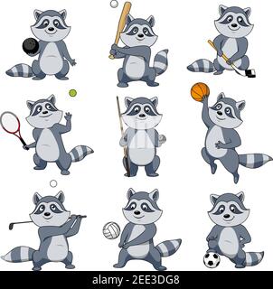 Personnage de mascotte vectoriel de raton laveur. Animaux jouant aux jeux de sport rugby balle et batte de baseball, football football et basket-ball, raquette de tennis et bil Illustration de Vecteur