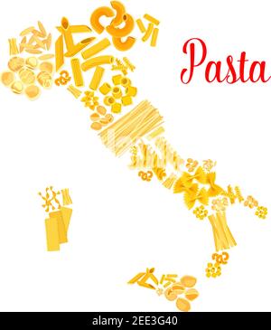 Affiche de pâtes italiennes conçue en Italie en forme de carte de macaroni et spaghetti pappardelle ou penne, tagliatelli ou fettuccine et lasagnes, ravioli ou kon Illustration de Vecteur