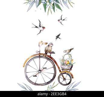 Vélo avec panier rempli de fleurs et d'moineaux. Carte d'anniversaire romantique. Carte de fleurs de printemps aquarelle dessinées à la main Banque D'Images