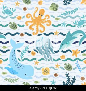 Motif sans couture avec adorable dessin animé des animaux marins. Été, décoration marine. Vecteur Illustration de Vecteur