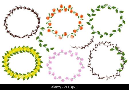 Couronne fleurs et feuilles fraîches. Lavande, camomille, jasmin, fleur de printemps. Collection de couronnes de fleurs pour votre conception. Illustration vectorielle. Illustration de Vecteur