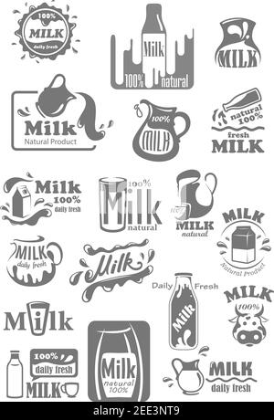 Icônes de lait pour les étiquettes d'emballage des produits laitiers. Symboles vectoriels : éclaboussures de lait, bouteille, pichet ou pichet et emballage de boîte. Badges naturels frais de vache et de ferme Illustration de Vecteur