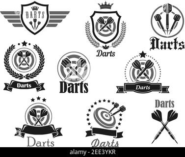 Jeu de modèles d'icônes vectorielles de club de fléchettes ou de tournoi de championnat. Icônes isolées du tableau de fléchettes et flèches visant la cible cible de la cible sur le plan de travail avec Illustration de Vecteur