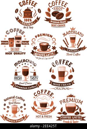 Icônes vecteur de café pour le café, le café et la cafétéria. Symboles isolés de cafetières et de haricots, tasses de boissons chaudes espresso fort, fra americano Illustration de Vecteur