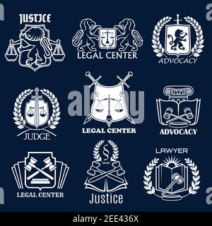 Centre juridique et représentation ou icônes de vecteur d'avocat. Symboles de la balance de justice, couronne de Laurier et livre de code de loi, lion héraldique ou épées et juge gavel Illustration de Vecteur