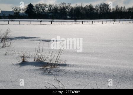 Début de l'hiver à Bünde. Tout est couvert de neige profonde. Une clôture est sur le pâturage enneigé. Banque D'Images