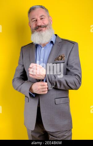 Studio portrait mature barbu homme en costume gris d'affaires regardant l'appareil photo, travail profession style de vie, fond jaune. Banque D'Images