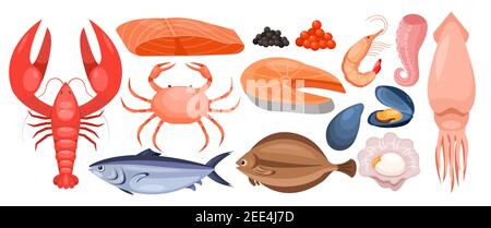 Menu de fruits de mer set isolé, dessins animés poissons marins crus, mer ou collection de nourriture de l'océan Illustration de Vecteur