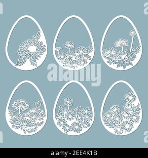 feuilles, fleurs, sculptées dans l'œuf. Illustration vectorielle. Oeufs de Pâques pour les vacances de Pâques. Jeu d'autocollants en papier pour œufs de Pâques. Coupe au laser. Illustration vectorielle Illustration de Vecteur