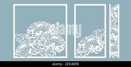 Chrysanthèmes. Set de gabarit pour la découpe au laser et le traceur. Fleurs, feuilles pour la décoration. Illustration vectorielle. Ensemble d'autocollants fleurs. Traceur et Illustration de Vecteur