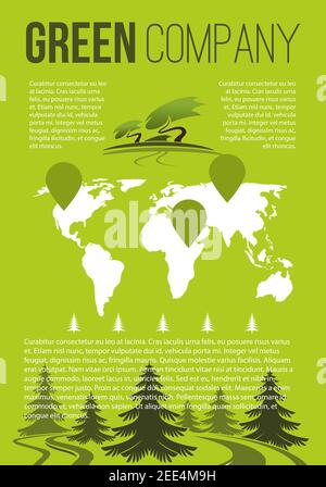 Modèle de brochure de la société Green nature and ECO Environment. Arbres forestiers vectoriels et jardins du parc verdure dans la carte du monde pour le jardinage ou la plantation d'infog Illustration de Vecteur