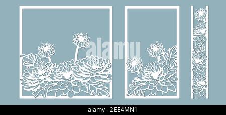 Chrysanthèmes. Set de gabarit pour la découpe au laser et le traceur. Fleurs, feuilles pour la décoration. Illustration vectorielle. Ensemble d'autocollants fleurs. Traceur et Illustration de Vecteur