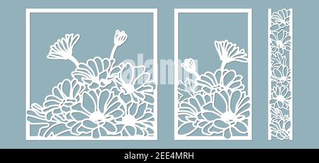 Chrysanthèmes. Set de gabarit pour la découpe au laser et le traceur. Fleurs, feuilles pour la décoration. Illustration vectorielle. Ensemble d'autocollants fleurs. Traceur et Illustration de Vecteur