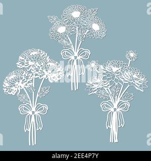 Chrysanthèmes. Set de gabarit pour la découpe au laser et le traceur. Fleurs, feuilles pour la décoration. Illustration vectorielle. Ensemble d'autocollants fleurs. Traceur et Illustration de Vecteur