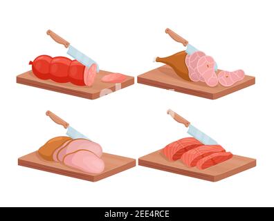 Set isométrique de viande et de poisson coupé, couteau de chef coupant bacon jambon saucisse viande et saumon Illustration de Vecteur