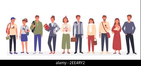 Les gens heureux occasionnels, les différents âges et les professions personnages debout ensemble Illustration de Vecteur