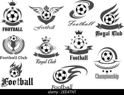 Icônes du club royal de football. Modèles de badges de tournoi de football ou de championnat. Symboles vectoriels de balle de feu avec ailes, côte de victoire de but Illustration de Vecteur