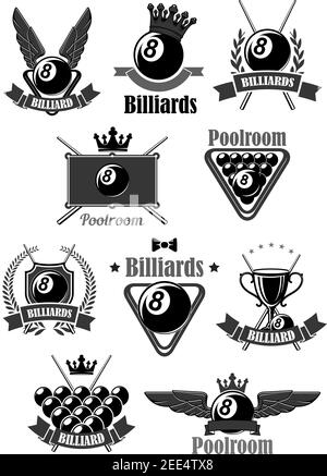 Symboles du club de billard ou du championnat. Icônes vectorielles pour le jeu de billard de boules de billard dans le triangle, le prix de la coupe du gagnant champion et le laure héraldique Illustration de Vecteur