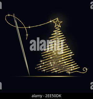 aiguille à coudre avec fil d'or brodé en forme de Un arbre de Noël sur fond noir Illustration de Vecteur