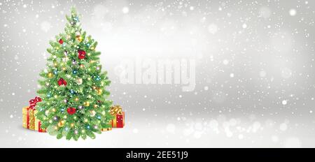 Bannière de félicitations avec arbre de Noël et cadeaux Illustration de Vecteur