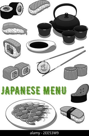 Le menu japonais comprend des petits pains à sushis et fruits de mer, du riz au saumon sashimi, une théière verte et un ensemble de tasses, de la tempura aux crevettes ou aux crevettes et de la sauce soja avec des baguettes Illustration de Vecteur