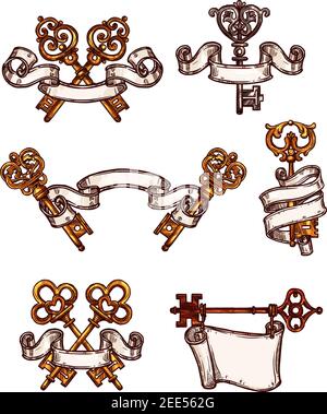 Les touches héraldiques vintage esquischent des icônes liées à des rubans. Les symboles vectoriels de vieux laiton ou de bronze de château ornés ou fleurissent forges verrouillent les clés avec des antiquités ou Illustration de Vecteur