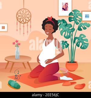 Femme enceinte heureuse pratiquant le yoga, calme méditant à la maison, assise sur un tapis de yoga Illustration de Vecteur