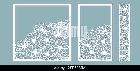 Chrysanthèmes. Set de gabarit pour la découpe au laser et le traceur. Fleurs, feuilles pour la décoration. Illustration vectorielle. Ensemble d'autocollants fleurs. Traceur et Illustration de Vecteur